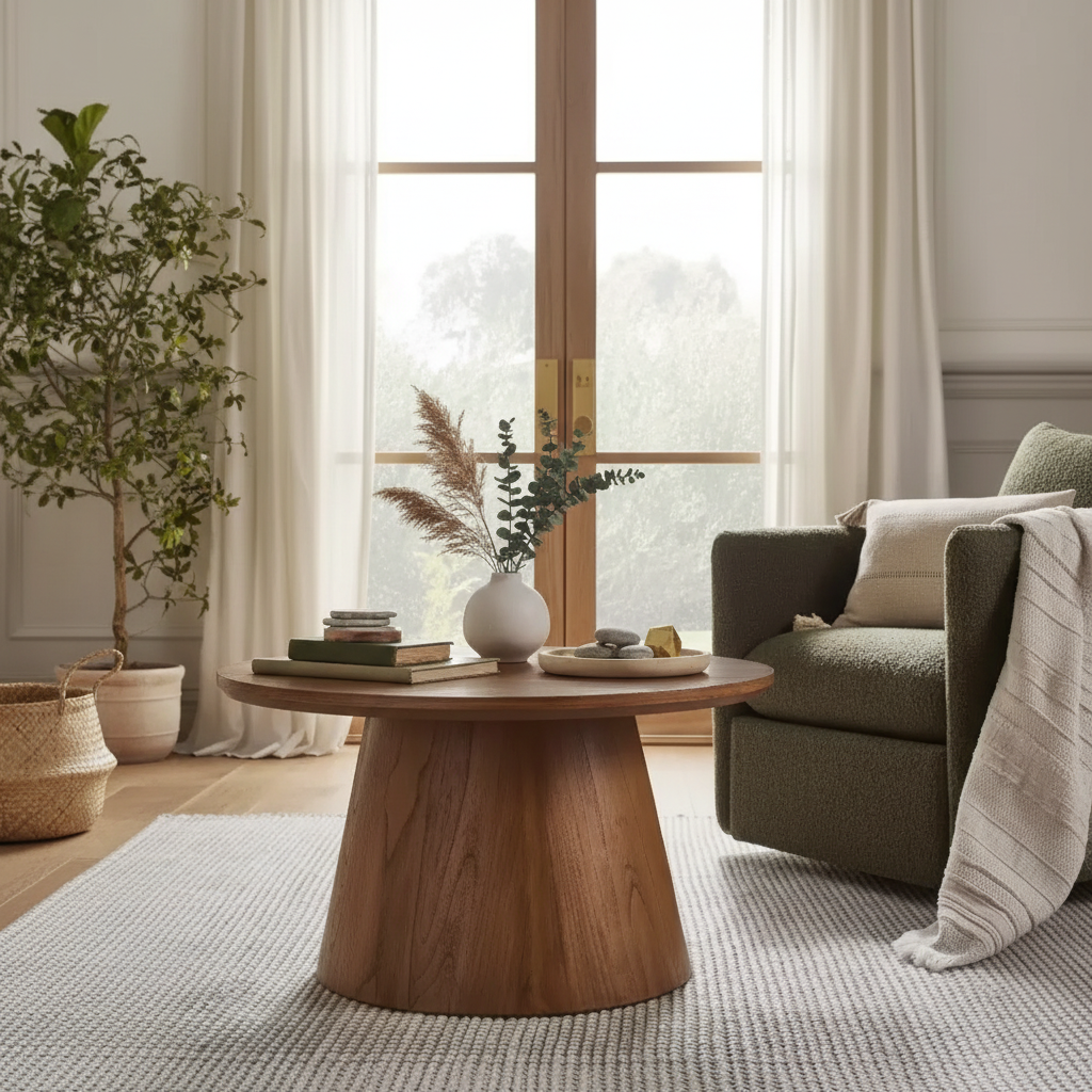 Table basse ronde sur pied en bois