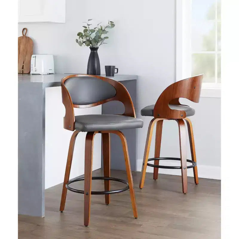Set of 2 Pino PU Leather Counter Height Barstool Walnut/Gray: LumiSource, Fixed-Height, Swivel, Footrest