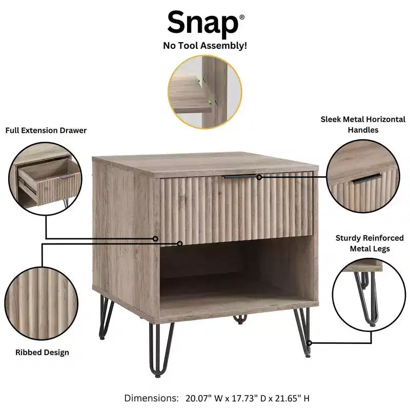 Manhattan Comfort Dumbo Nightstand with Drawer Rustic Gray: Modern Design, Metal Legs, Soft Close