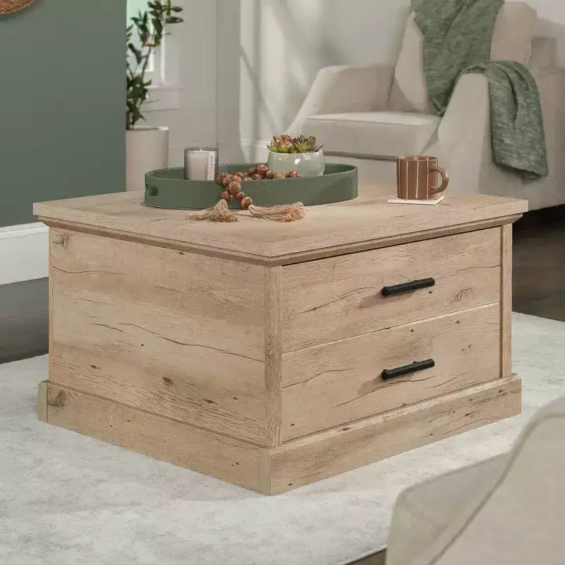 Sauder Aspen Post Coffee Table Prime Oak: Storage Drawer, Adjustable Shelf, MDF Frame