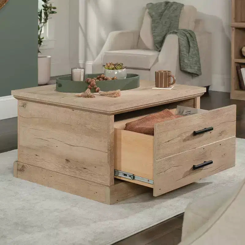 Sauder Aspen Post Coffee Table Prime Oak: Storage Drawer, Adjustable Shelf, MDF Frame