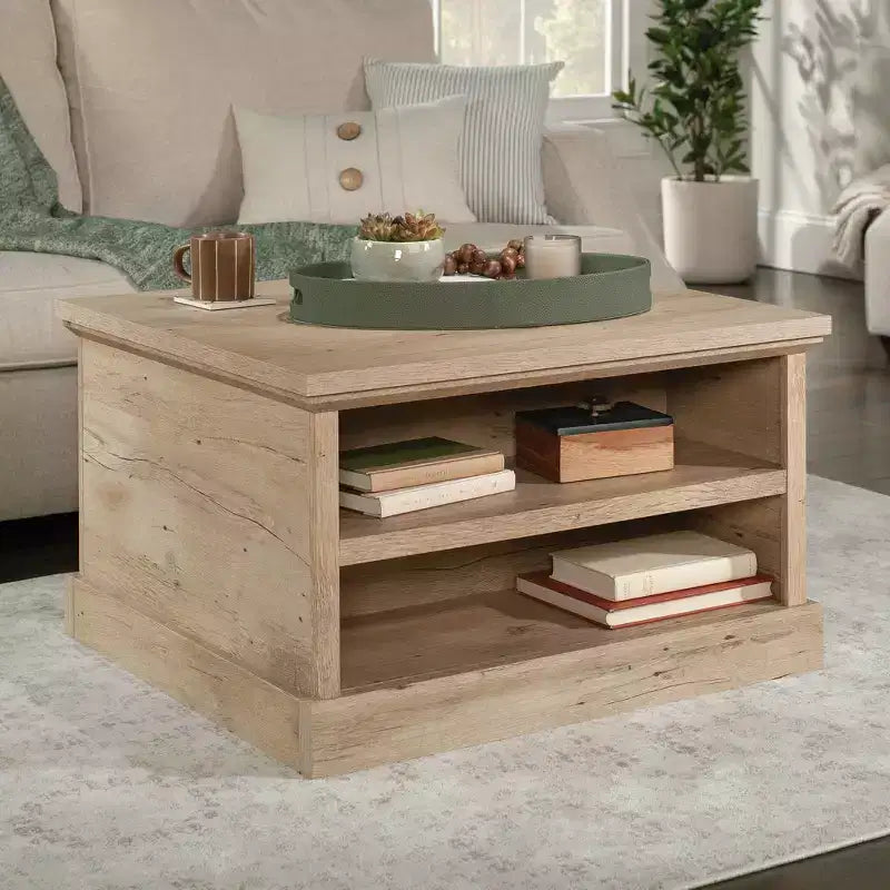 Sauder Aspen Post Coffee Table Prime Oak: Storage Drawer, Adjustable Shelf, MDF Frame