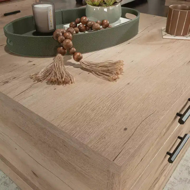 Sauder Aspen Post Coffee Table Prime Oak: Storage Drawer, Adjustable Shelf, MDF Frame
