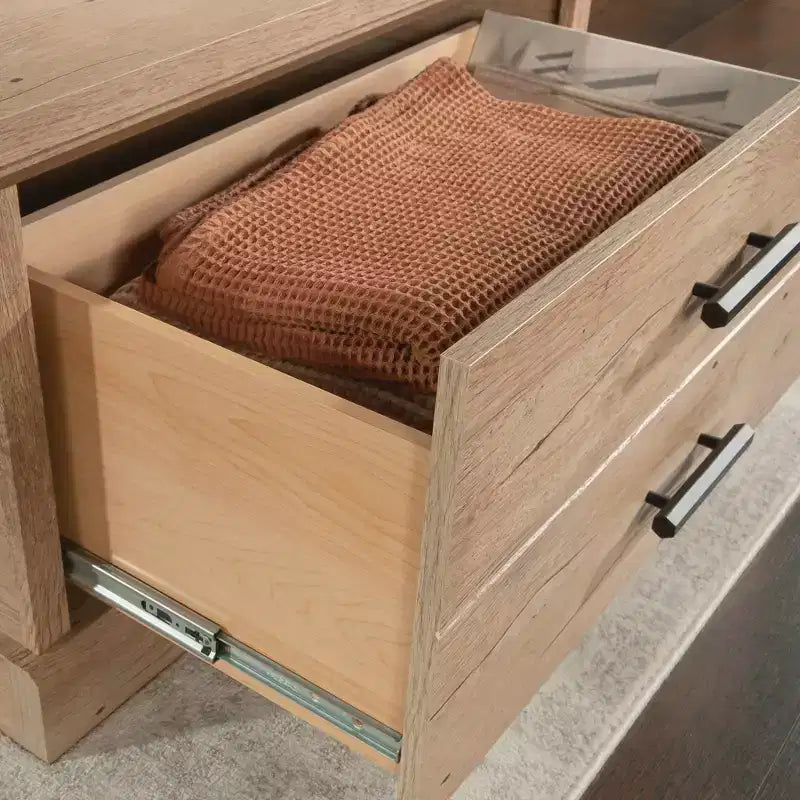 Sauder Aspen Post Coffee Table Prime Oak: Storage Drawer, Adjustable Shelf, MDF Frame