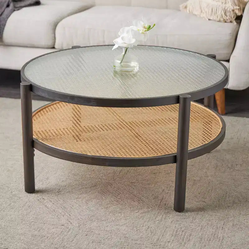Olivia & May Rattan Coffee Table with Pressed Tempered Glass Top Brown