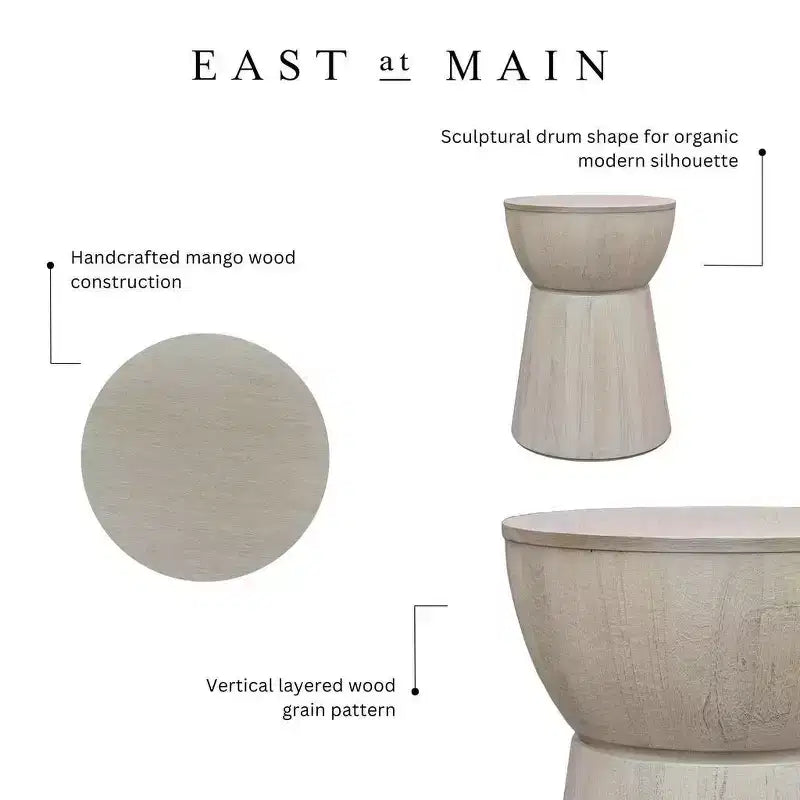 East at Main 19" Cinched Wood Drum Table White: Handcrafted, Mango, No Assembly Required