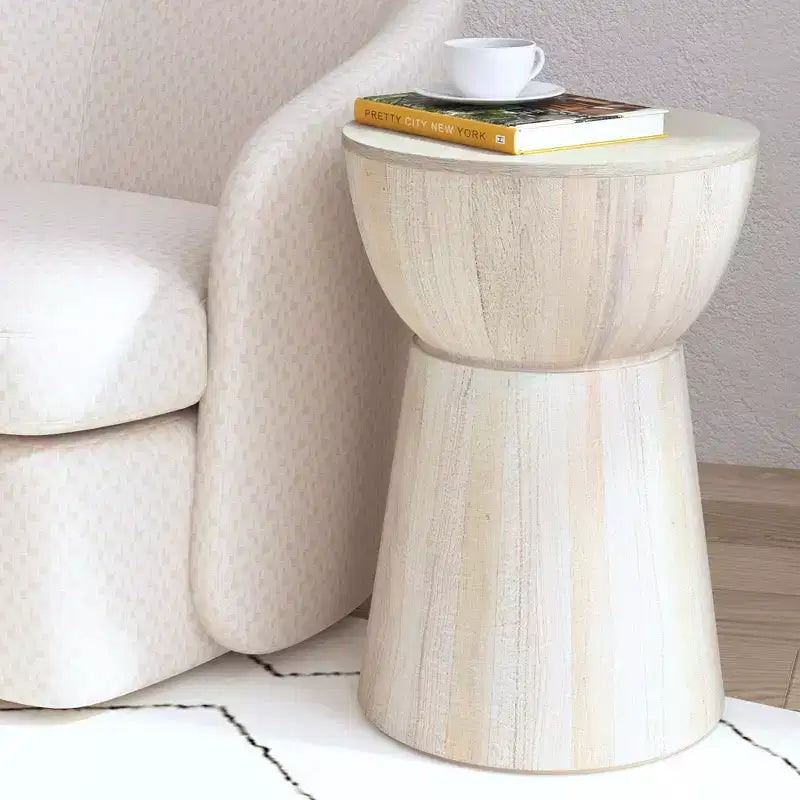 East at Main 19" Cinched Wood Drum Table White: Handcrafted, Mango, No Assembly Required