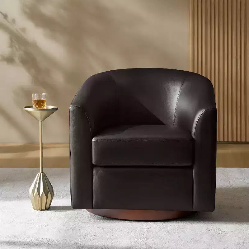 Jessie 30.5 Wide Modern Swivel Barrel Faux Leather Chair with Solid Wood Base|ART OF LIVING DESIGNS