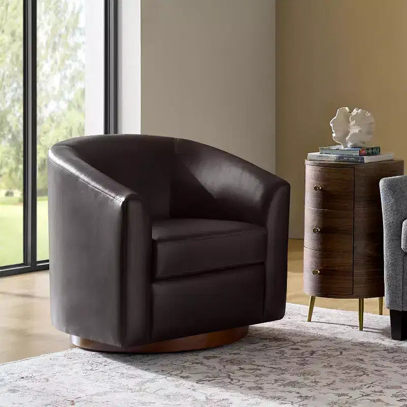 Jessie 30.5 Wide Modern Swivel Barrel Faux Leather Chair with Solid Wood Base|ART OF LIVING DESIGNS