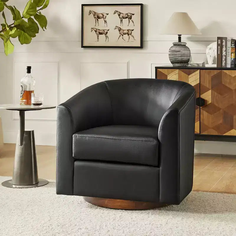 Jessie 30.5 Wide Modern Swivel Barrel Faux Leather Chair with Solid Wood Base|ART OF LIVING DESIGNS