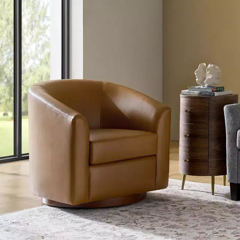 Jessie 30.5 Wide Modern Swivel Barrel Faux Leather Chair with Solid Wood Base|ART OF LIVING DESIGNS