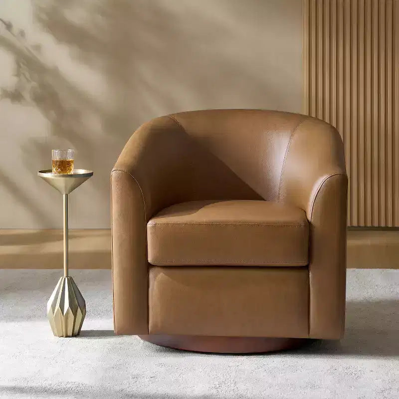 Jessie 30.5 Wide Modern Swivel Barrel Faux Leather Chair with Solid Wood Base|ART OF LIVING DESIGNS