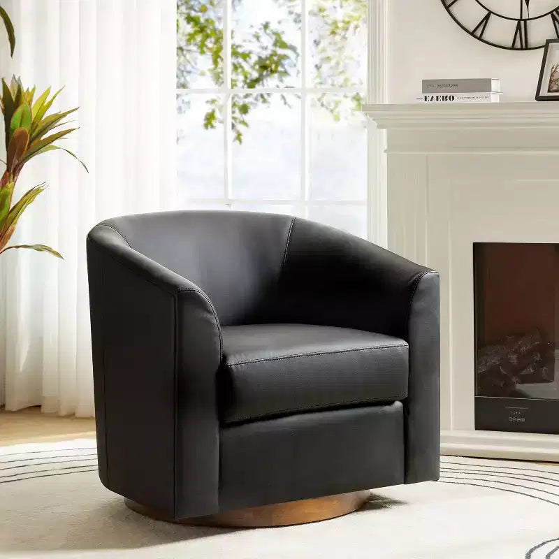 Jessie 30.5 Wide Modern Swivel Barrel Faux Leather Chair with Solid Wood Base|ART OF LIVING DESIGNS