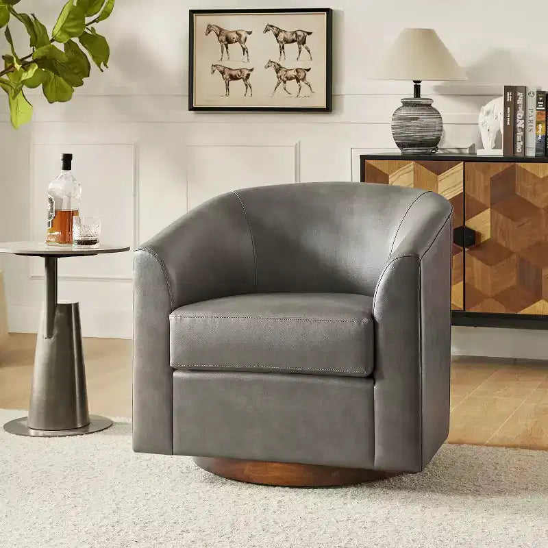 Jessie 30.5 Wide Modern Swivel Barrel Faux Leather Chair with Solid Wood Base|ART OF LIVING DESIGNS