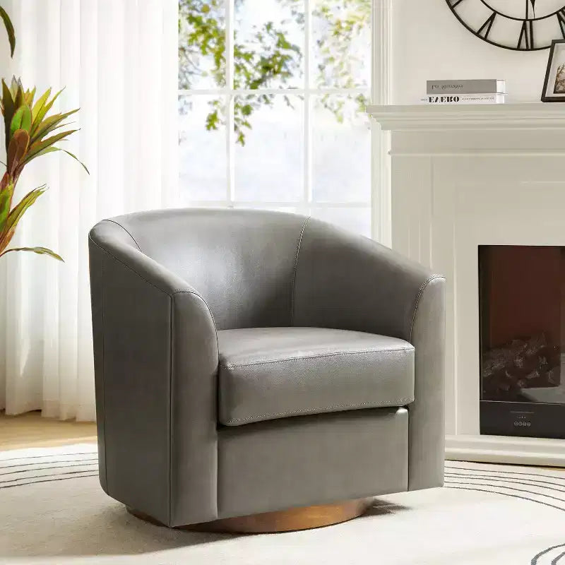 Jessie 30.5 Wide Modern Swivel Barrel Faux Leather Chair with Solid Wood Base|ART OF LIVING DESIGNS