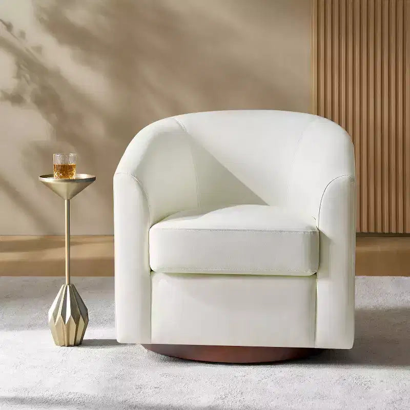 Jessie 30.5 Wide Modern Swivel Barrel Faux Leather Chair with Solid Wood Base|ART OF LIVING DESIGNS