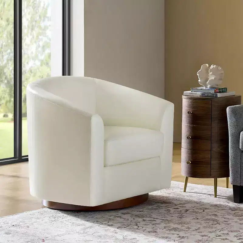 Jessie 30.5 Wide Modern Swivel Barrel Faux Leather Chair with Solid Wood Base|ART OF LIVING DESIGNS