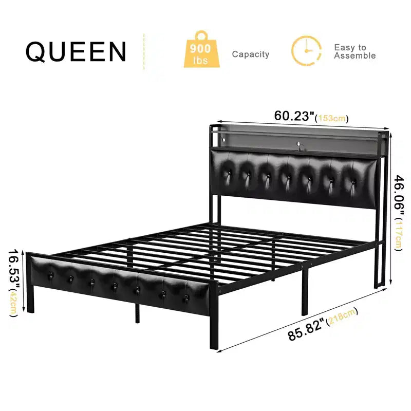 Hausource Upholstered Bed Frame with LED Headboard-Black