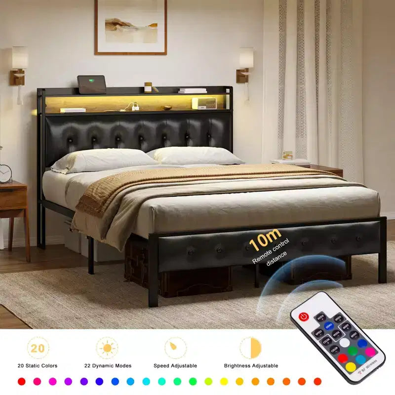 Hausource Upholstered Bed Frame with LED Headboard-Black