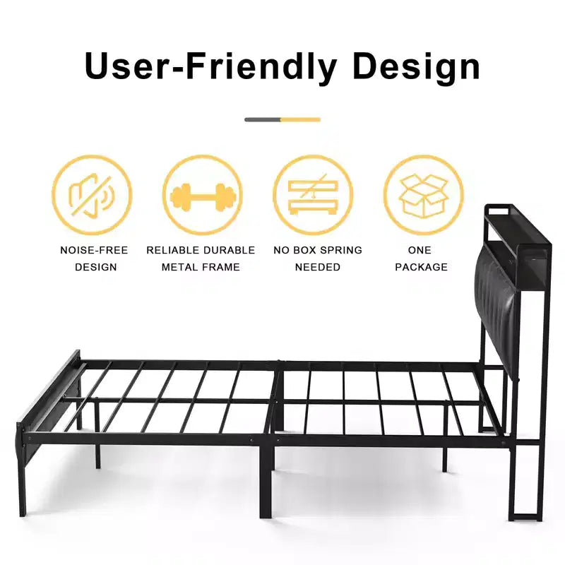 Hausource Upholstered Bed Frame with LED Headboard-Black
