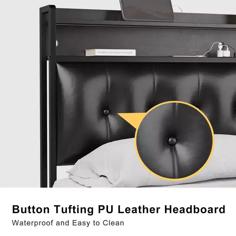 Hausource Upholstered Bed Frame with LED Headboard-Black