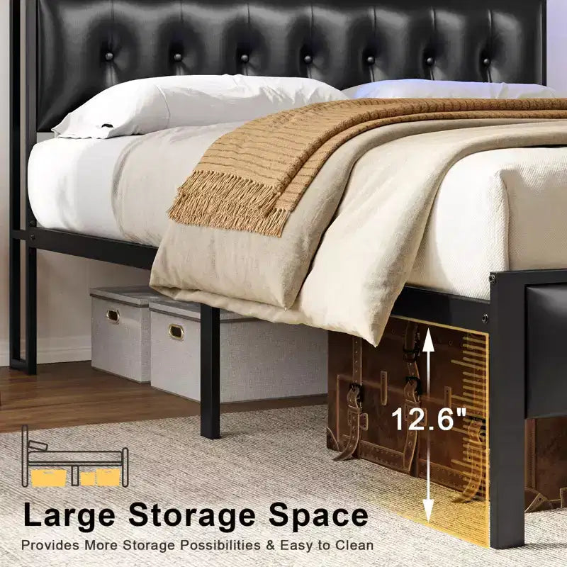 Hausource Upholstered Bed Frame with LED Headboard-Black