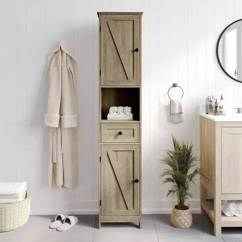 Flash Furniture Dune Freestanding Bathroom Linen Tower Storage Cabinet with Magnetic Close Doors, Adjustable Shelves, Open Display Shelf, and Drawer