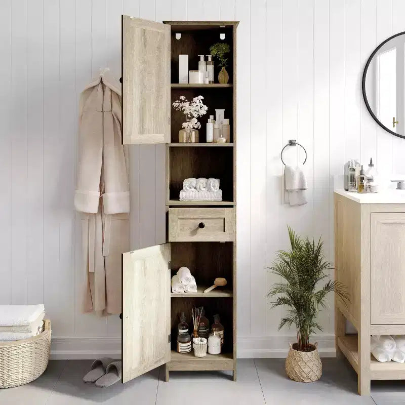 Flash Furniture Dune Freestanding Bathroom Linen Tower Storage Cabinet with Magnetic Close Doors, Adjustable Shelves, Open Display Shelf, and Drawer