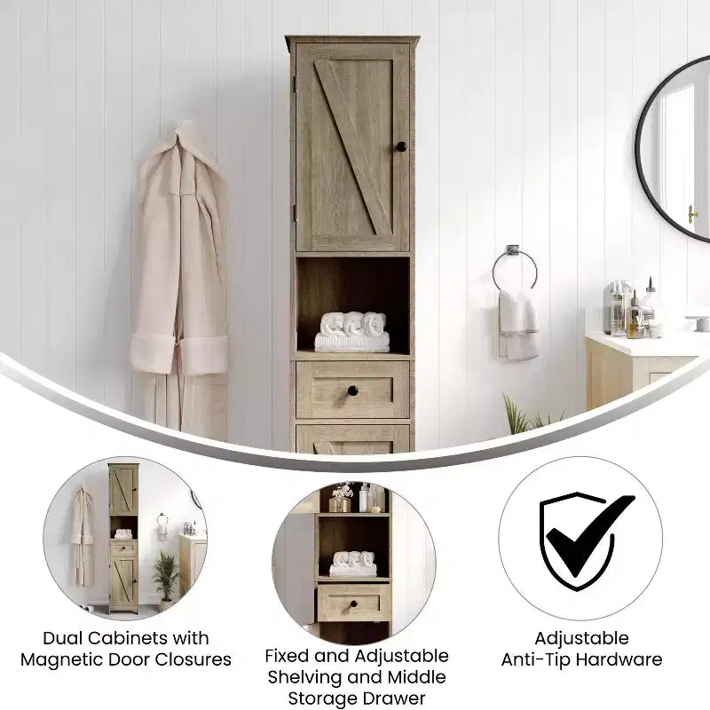 Flash Furniture Dune Freestanding Bathroom Linen Tower Storage Cabinet with Magnetic Close Doors, Adjustable Shelves, Open Display Shelf, and Drawer