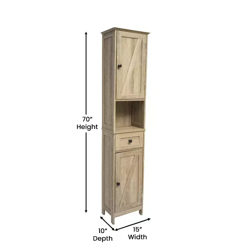 Flash Furniture Dune Freestanding Bathroom Linen Tower Storage Cabinet with Magnetic Close Doors, Adjustable Shelves, Open Display Shelf, and Drawer