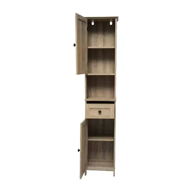 Flash Furniture Dune Freestanding Bathroom Linen Tower Storage Cabinet with Magnetic Close Doors, Adjustable Shelves, Open Display Shelf, and Drawer
