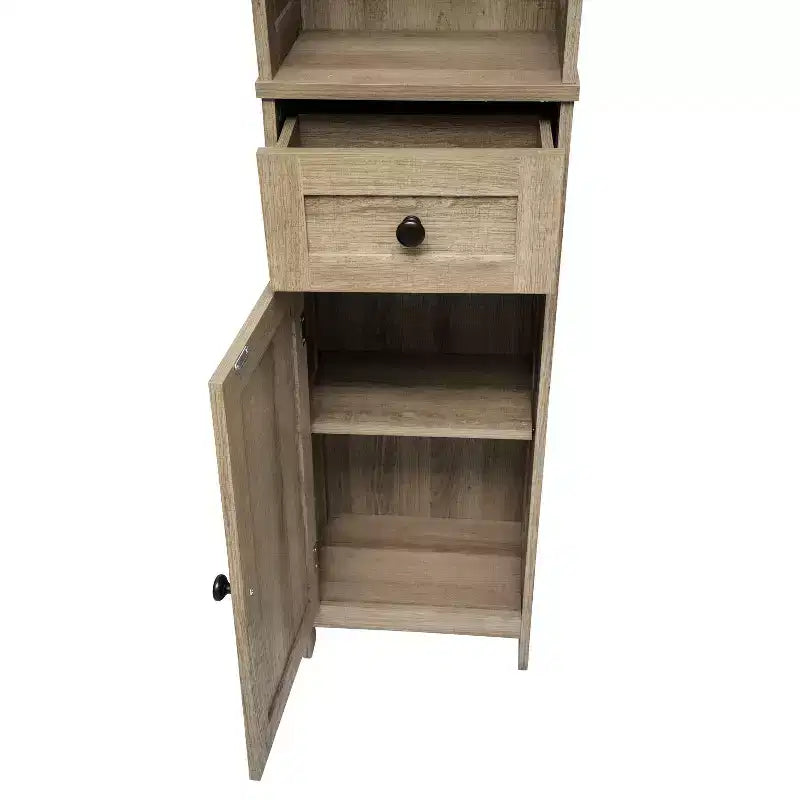 Flash Furniture Dune Freestanding Bathroom Linen Tower Storage Cabinet with Magnetic Close Doors, Adjustable Shelves, Open Display Shelf, and Drawer