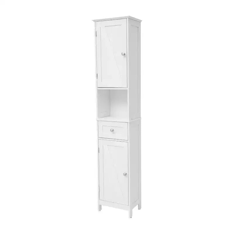 Flash Furniture Dune Freestanding Bathroom Linen Tower Storage Cabinet with Magnetic Close Doors, Adjustable Shelves, Open Display Shelf, and Drawer