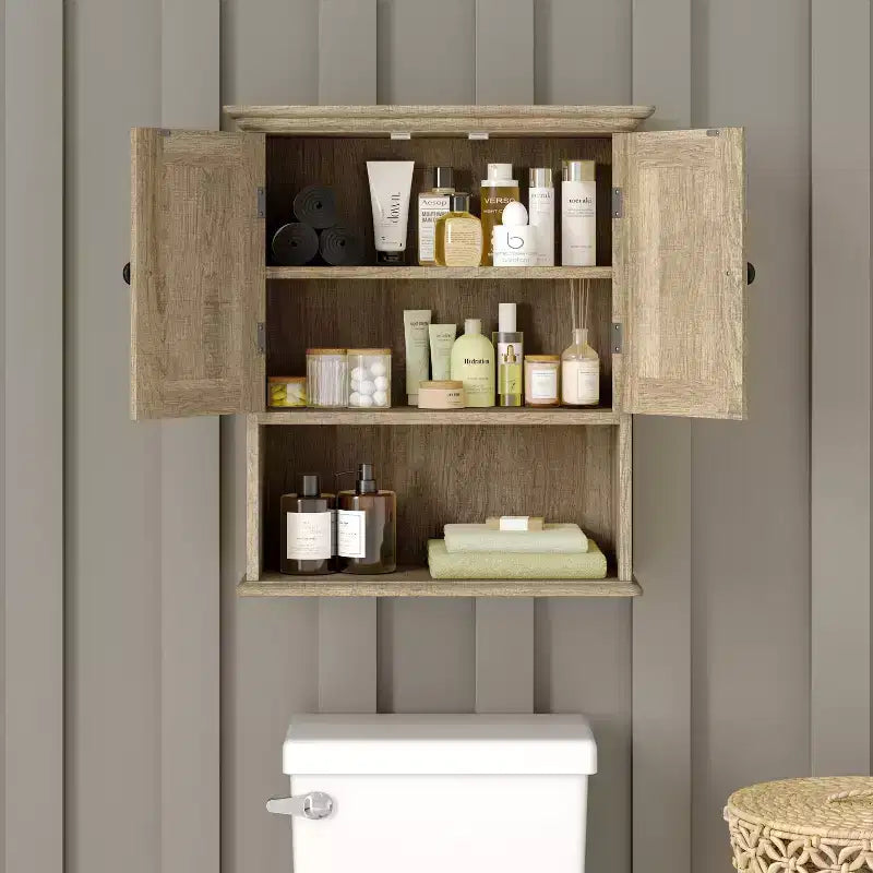 Emma and Oliver Wall Mounted Bathroom Medicine Cabinet Organizer with Adjustable In-Cabinet Shelf, Dual Magnetic Closure Doors, Bottom Open Display Shelf