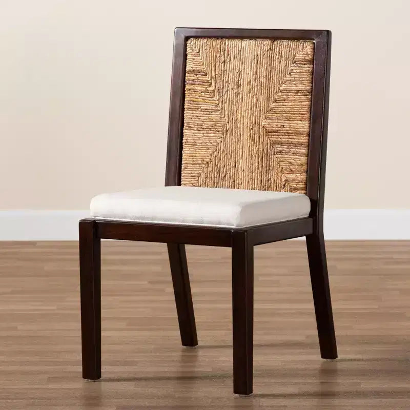 bali & pari Joana Modern Bohemian Dark Brown Mahogany Wood and Natural Seagrass Dining Side Chair