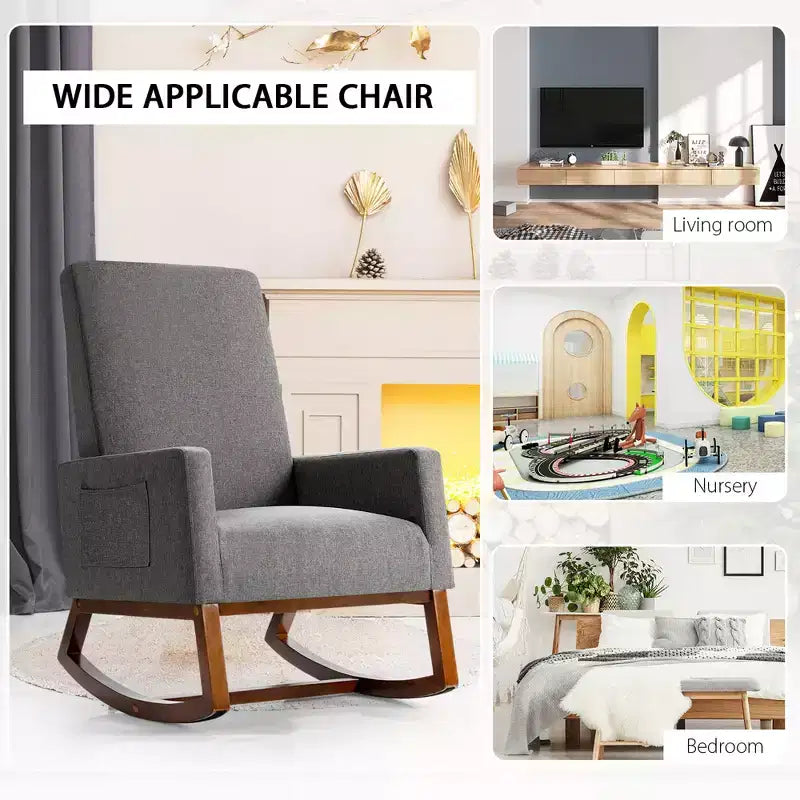 Costway Mid Century Retro Fabric Upholstered Rocking Chair Modern Armchair Beige\Gray