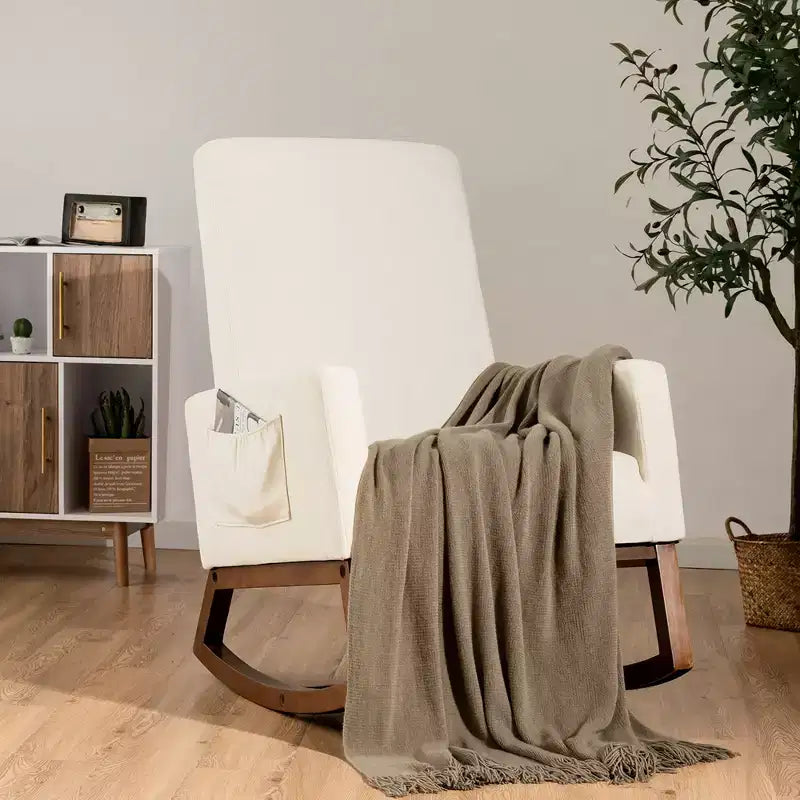 Costway Mid Century Retro Fabric Upholstered Rocking Chair Modern Armchair Beige\Gray