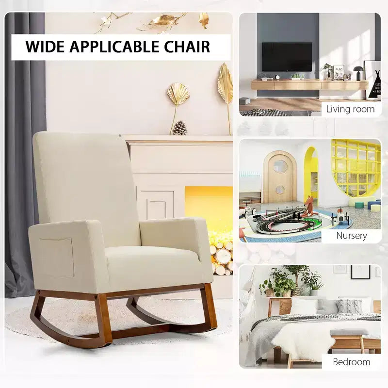 Costway Mid Century Retro Fabric Upholstered Rocking Chair Modern Armchair Beige\Gray