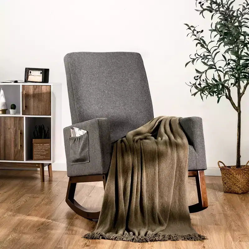 Costway Mid Century Retro Fabric Upholstered Rocking Chair Modern Armchair Beige\Gray