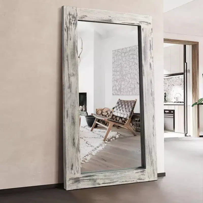 Dovelina Vintage Full-Length Tempered Mirror with Solid Wood Carved and Back Hooks