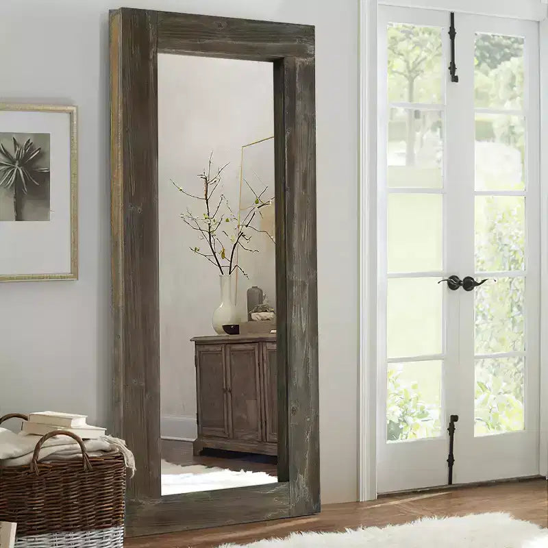 Dovelina Vintage Full-Length Tempered Mirror with Solid Wood Carved and Back Hooks