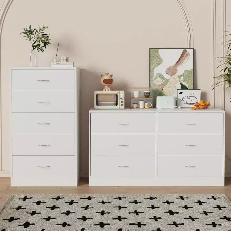 Tall 5 Drawer Dresser for Bedroom 49.4 Inch Chest of Drawers MDF Wood White Finish