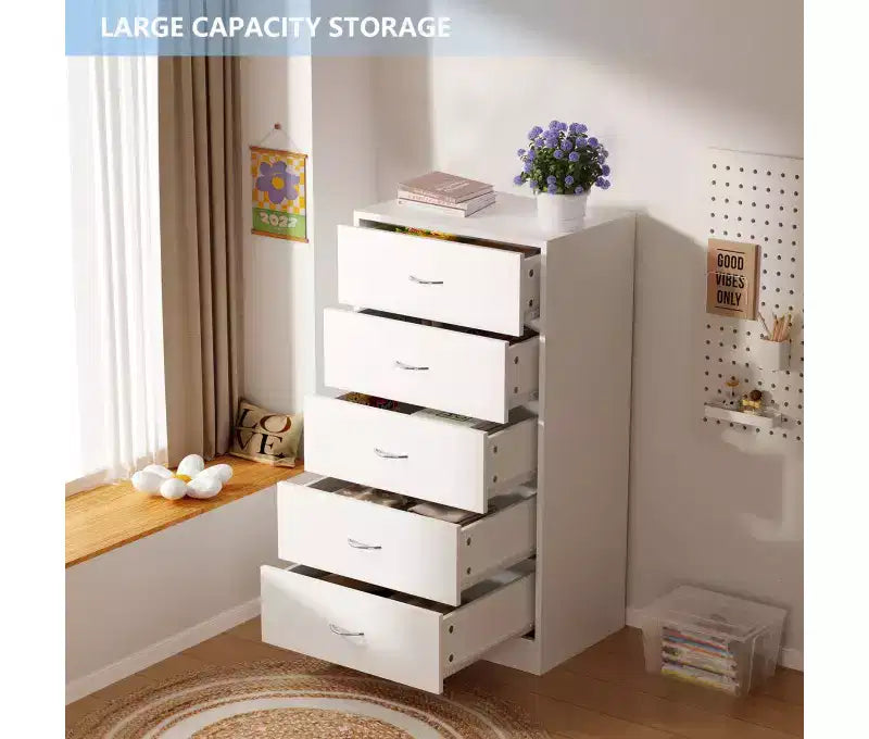 Tall 5 Drawer Dresser for Bedroom 49.4 Inch Chest of Drawers MDF Wood White Finish