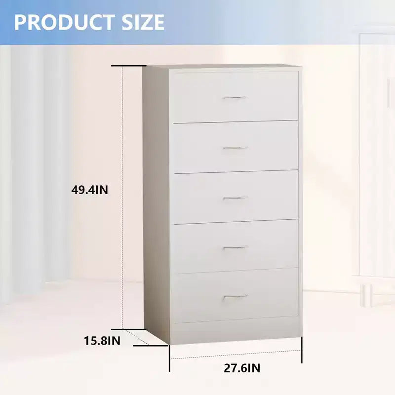Tall 5 Drawer Dresser for Bedroom 49.4 Inch Chest of Drawers MDF Wood White Finish