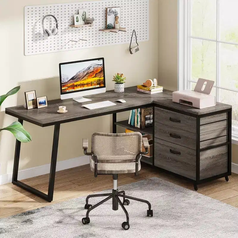 Lantine 53-Inch L-Shaped Computer Desk with 3 Drawers and Shelves