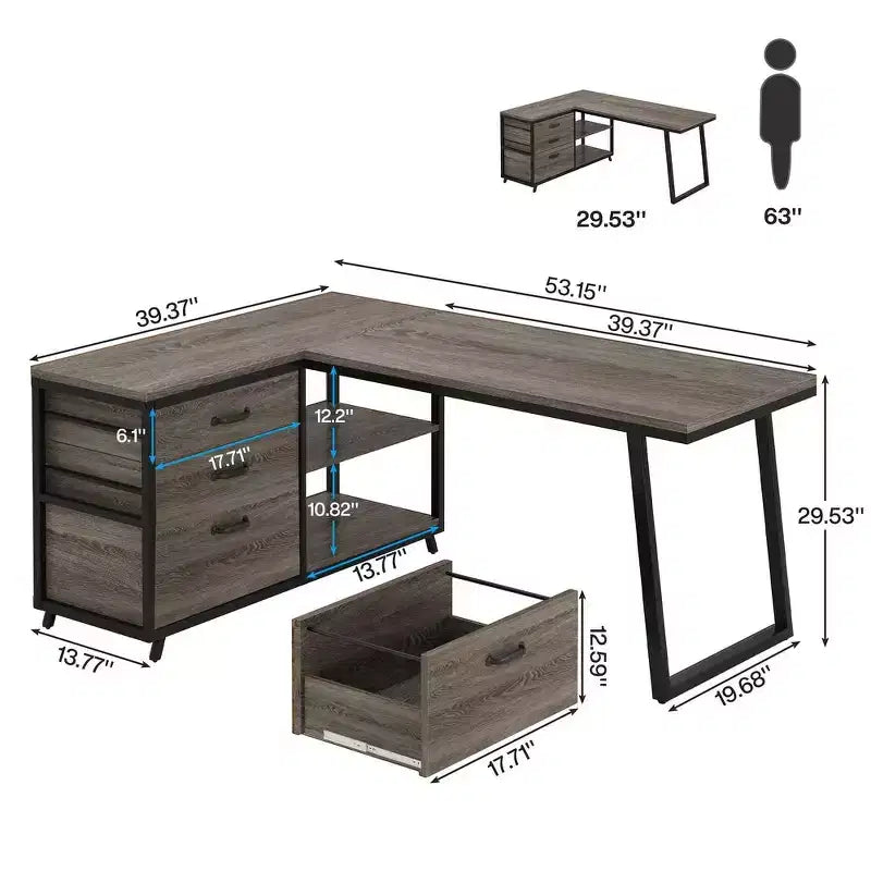 Lantine 53-Inch L-Shaped Computer Desk with 3 Drawers and Shelves