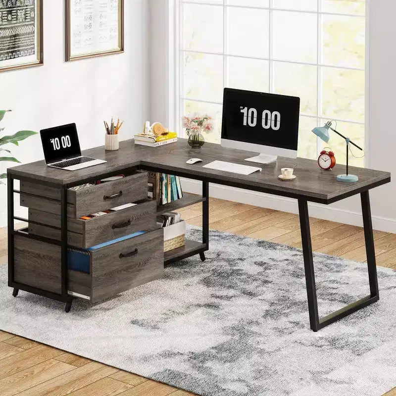 Lantine 53-Inch L-Shaped Computer Desk with 3 Drawers and Shelves