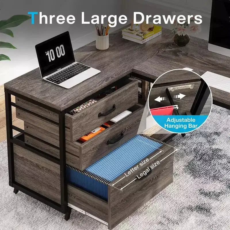 Lantine 53-Inch L-Shaped Computer Desk with 3 Drawers and Shelves