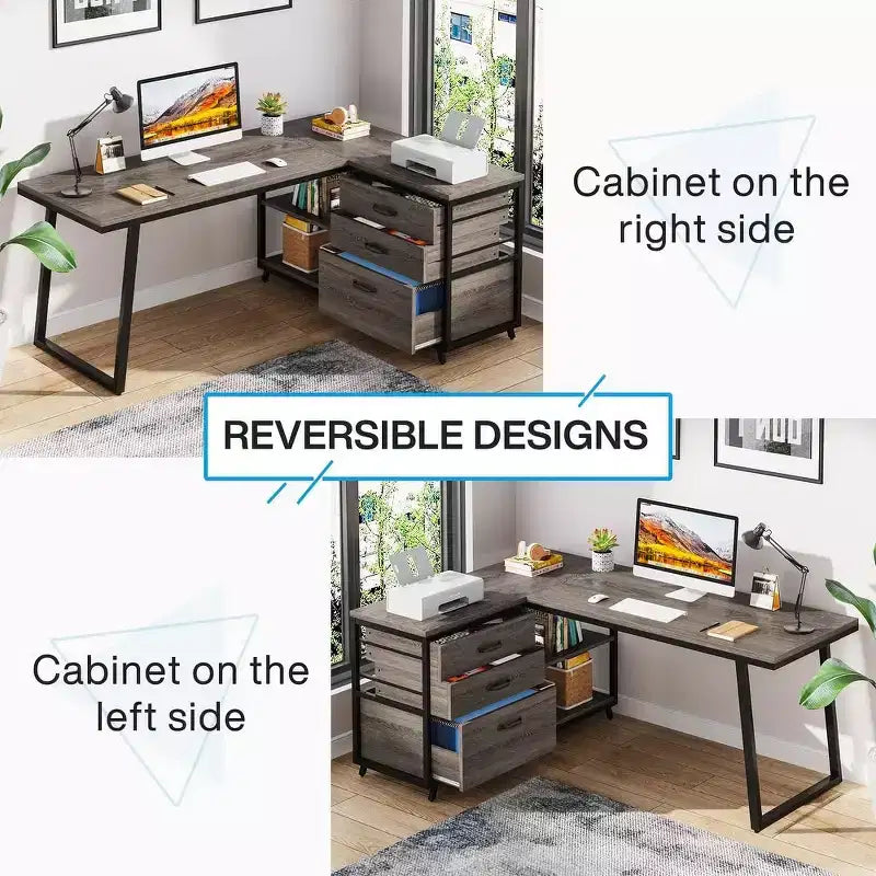 Lantine 53-Inch L-Shaped Computer Desk with 3 Drawers and Shelves