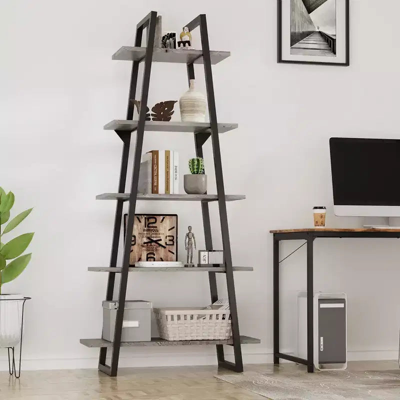 Whizmax Bookshelf 5 Tier Industrial Wood, Tall Open Rustic Etagere Bookcase Ladder, Standing Display Shelves for Home Living Room Bedroom Office